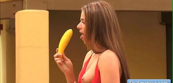  Sensual hot teen amateur brunette Aveline masturbate outdoor with a very thick banana and loves it